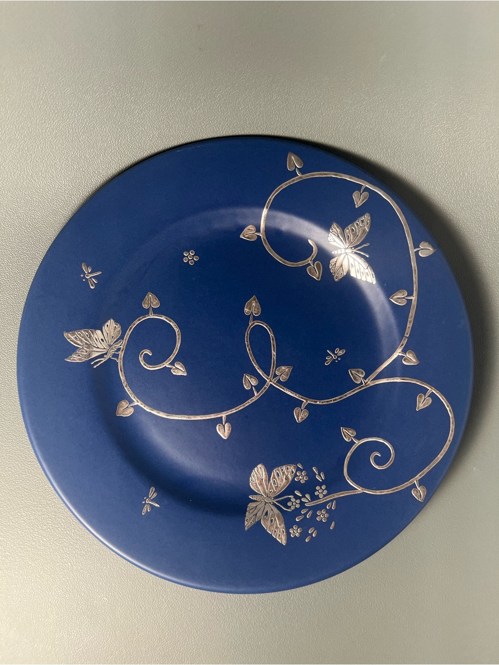 Emilia Castillo Blue Ceramic Plate Pure Silver Inlay Butterflies Vines